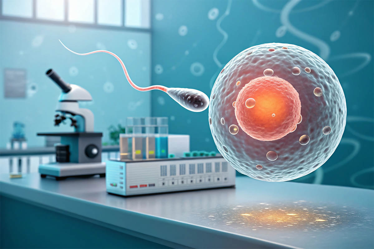 Laboratuvar ortamında; arka plandaki mikroskobun önünde, sperm hücresinin yumurtaya giriş anını gösteren üç boyutlu modelleme.