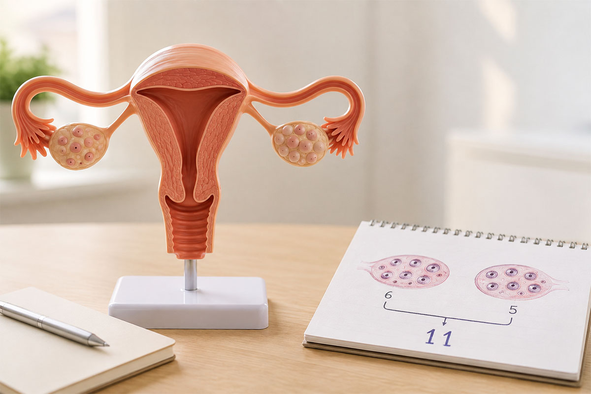 Masadaki anatomik rahim modeli ve yanında folikül sayılarını (6+5=11) gösteren çizim defteri.