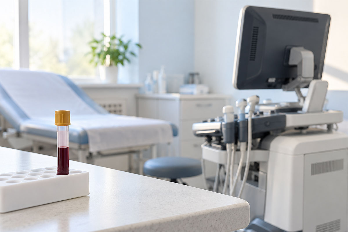 AMH testi ve antral folikül değerlendirmesini temsil eden kan tüpü ile ultrason cihazı