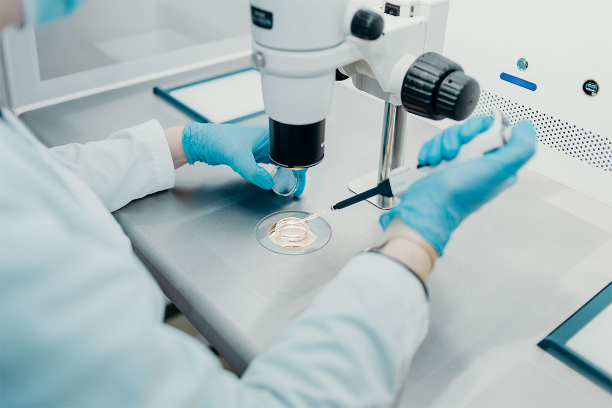 Laboratuvarda, steril kabin içinde mikroskop altında pipetle numune alan mavi eldivenli uzman elleri.
