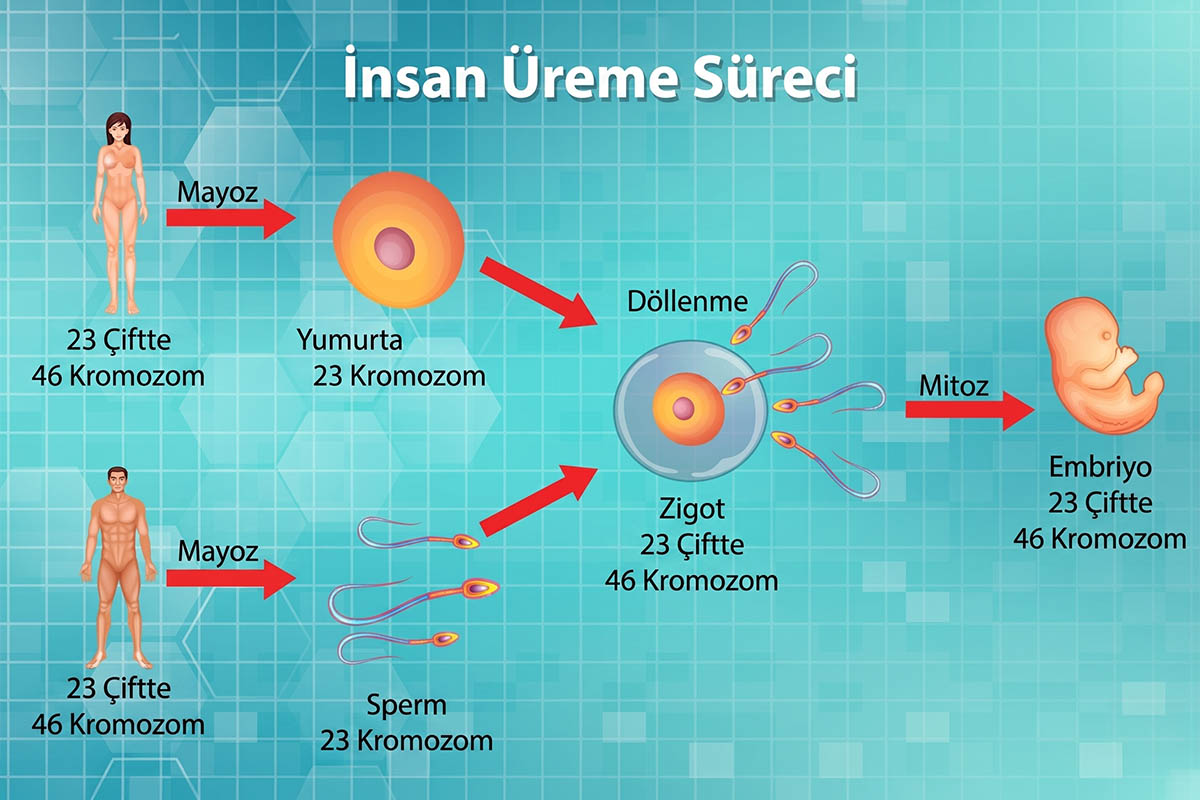 Kadın ve erkekten başlayarak mayoz bölünme, döllenme ve mitoz aşamalarını gösteren, kromozom sayılarını belirten Türkçe infografik ("İnsan Üreme Süreci").