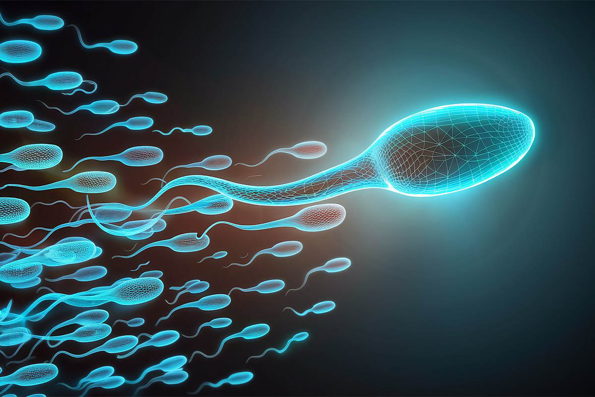 Karanlık bir arka planda, mavi neon hatlarla parlayan sperm hücrelerinin dijital ağ (mesh) görünümü.