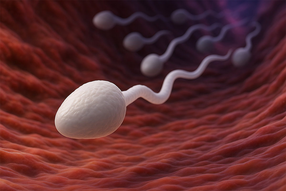 Rahim kanalı içinde ilerleyen sperm hücrelerini gösteren üç boyutlu tıbbi modelleme.