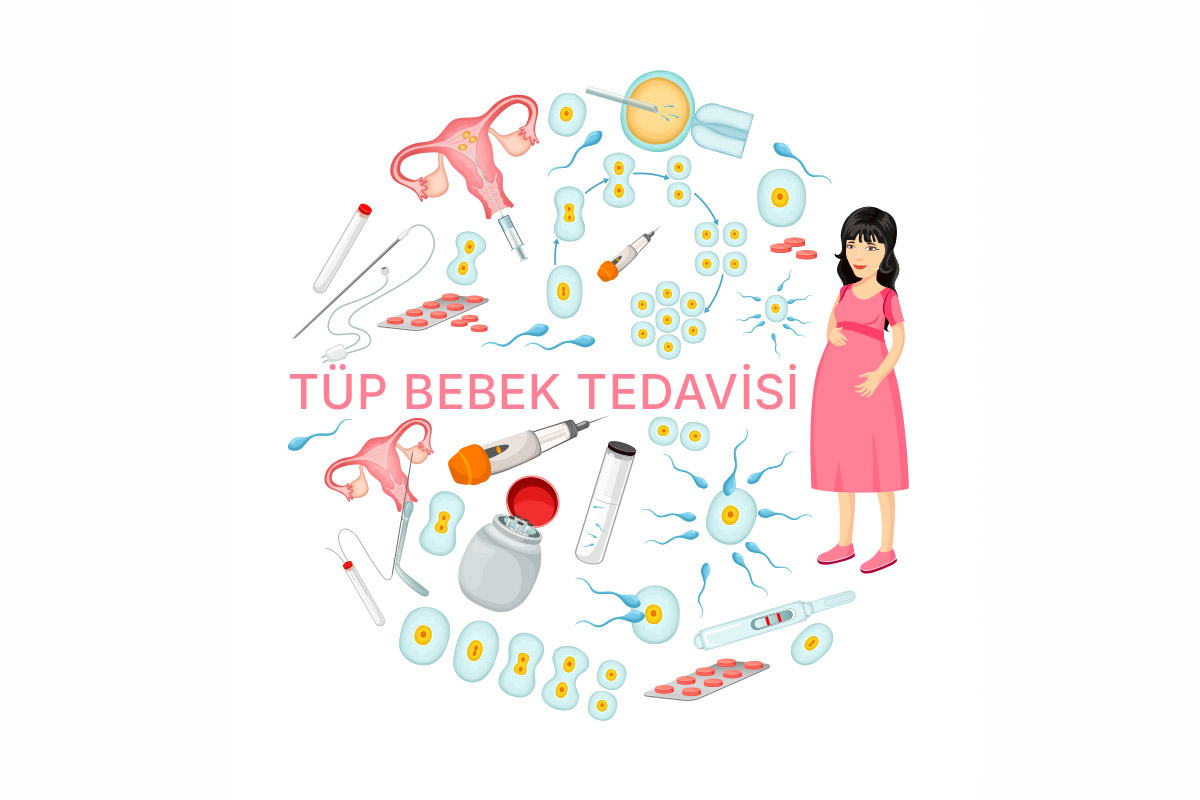 Tüp bebek sürecini anlatan; rahim yapısı, embriyo oluşumu, ilaçlar ve hamile bir kadın illüstrasyonunun yer aldığı, 