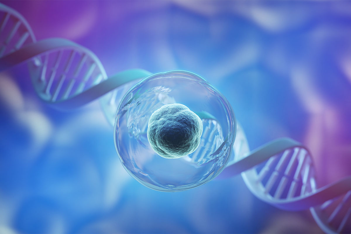 Mavi ve mor tonlarında, DNA zinciri önünde duran şeffaf hücre.