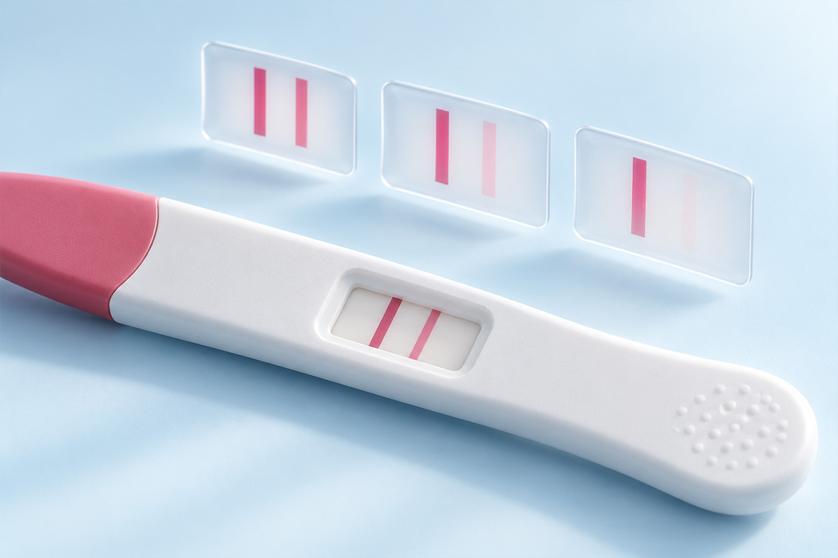Kimyasal gebelikte gebelik testi çizgisinin zamanla silikleşmesini gösteren test görseli